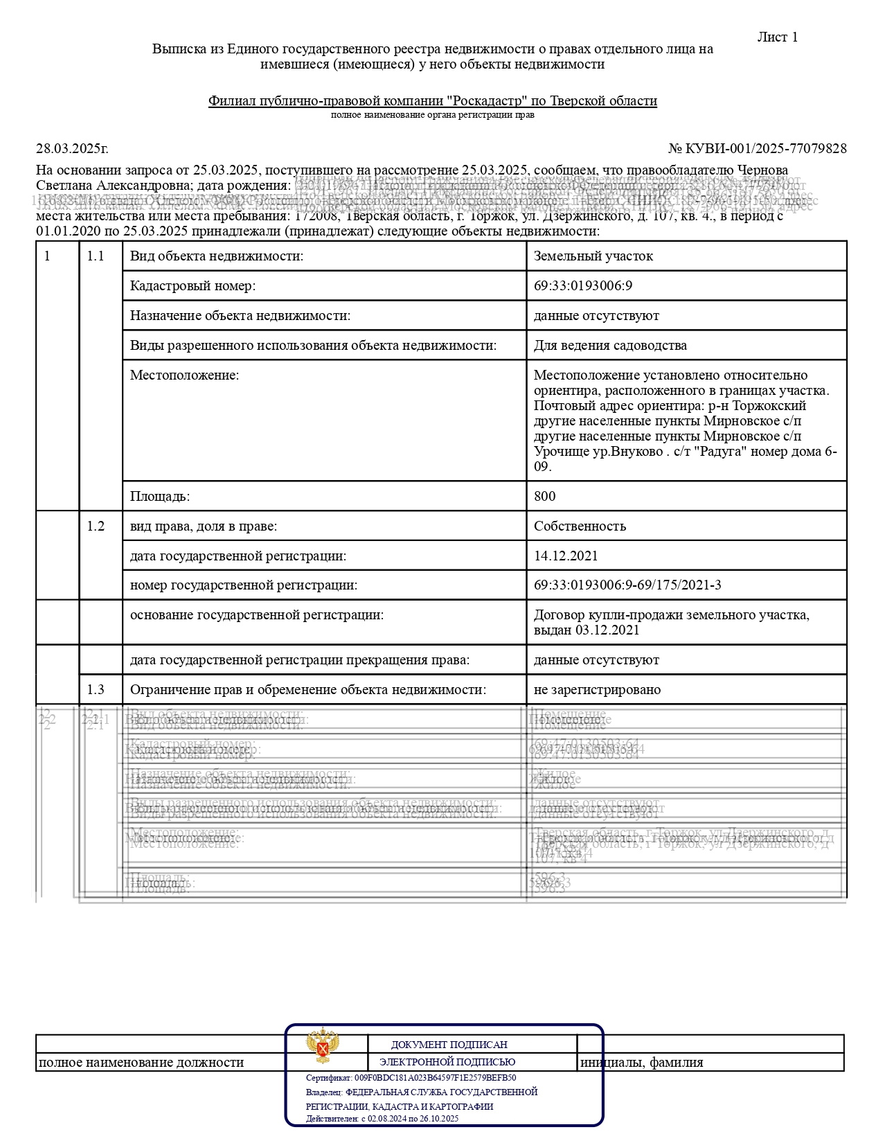 Земельный участок, кадастровый номер 69:33:0193006:9, площадью 800 кв.м., для ведения садоводства, адрес: р-н Торжокский Мирновское с/п Урочище ур. Внуково . c/т "Радуга" номер дома 6-09