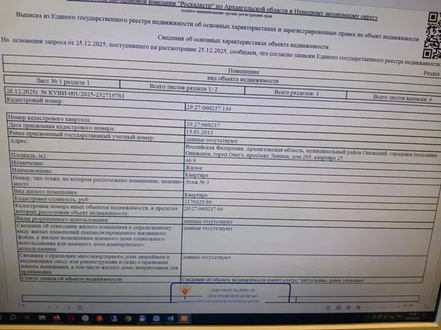 Доля в размере 1/5 в праве общей долевой собственности на жилое помещение (квартира) с кадастровым номером 29:27:060237:144, площадью 46,9 кв.м, наименование: квартира, вид жилого помещения: квартира, назначение: жилое, этаж № 3; адрес (местоположение): Архангельская область, муниципальный район Онежский, городское поселение Онежское, город Онега, проспект Ленина, дом 205, квартира 25