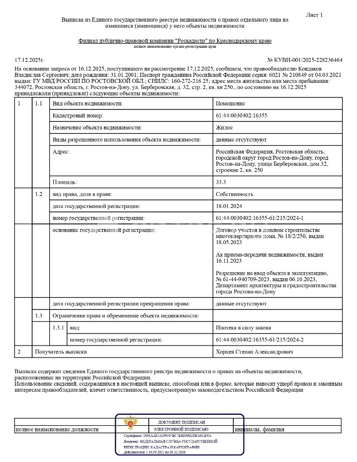 квартира, г. Ростов-на-Дону, улица Берберовская, дом 32, строение 2, кв. 250 Площадь: 33,3
