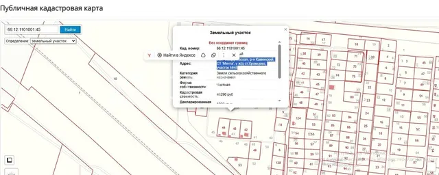 Земельный участок (без координат границ), кадастровый номер 66:12:1101001:45, площадь 1000