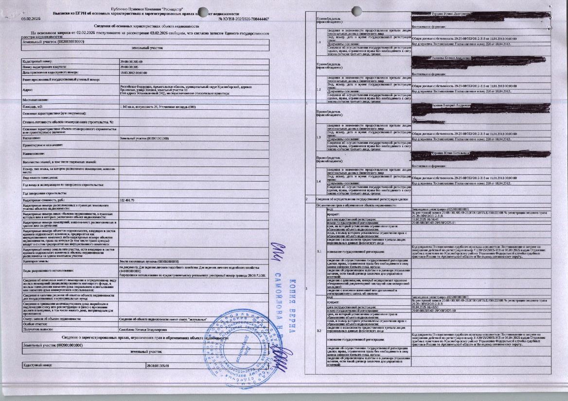 1/4 доля в праве общей долевой собственности на земельный участок общей площадью 1343 кв. м, кадастровый номер: 29:08:081305:69, категория земель - земли населенных пунктов, вид разрешенного использования- для ведения личного подсобного хозяйства, адрес: Архангельская обл., м.о. Красноборский, д. Ершевская, ул. Зеленая, з/у 10
