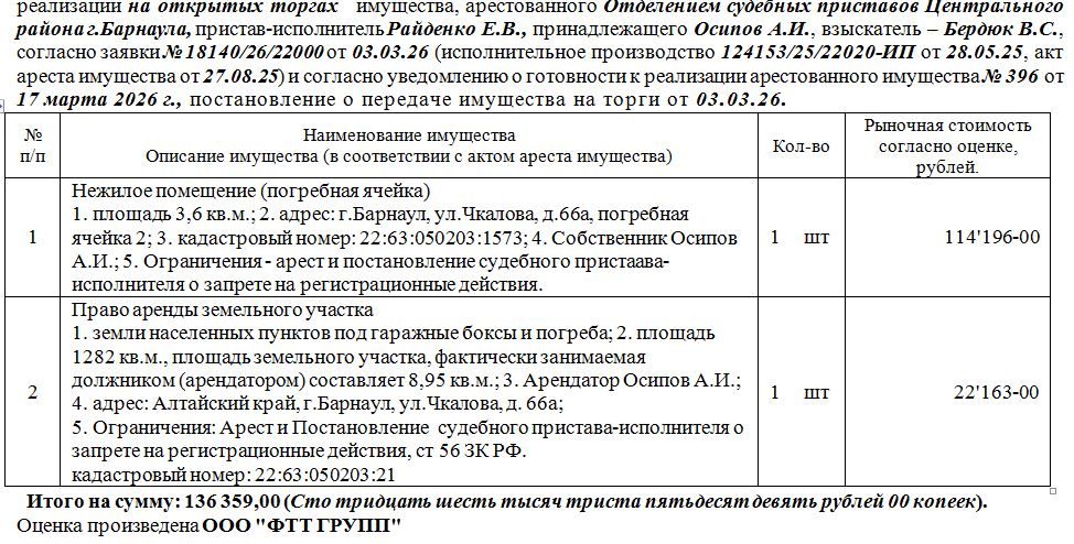 Лот№2 Нежилое помещение (погребная ячейка) площадь 3,6 кв.м.; адрес: г. Барнаул, ул.Чкалова, д.66а, погребная ячейка 2; кадастровый номер: 22:63:050203:1573. Право аренды земельного участка земли населенных пунктов под гаражные боксы и погреба; площадь 1282 кв.м., площадь земельного участка, фактически занимаемая должником (арендатором) составляет 8,95 кв.м, кадастровый номер: 22:63:050203:21, адрес: Алтайский край, г.Барнаул, ул.Чкалова, д. 66а.Нач.цена 136359 руб. (Осипов А.И.. Ограничения: