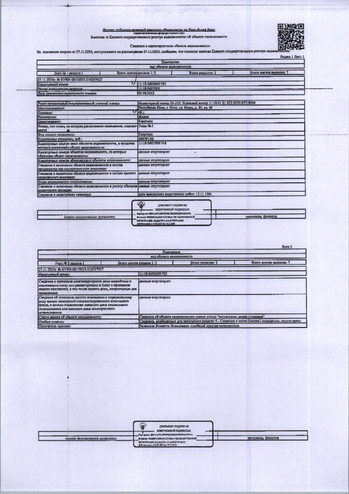 (93-05-25) Жилое помещение (квартира) общей площадью 49,1 кв.м., расположенное по адресу: Республика Коми, г, Инта, ул. Мира, д, 50, кв. 68, этаж № 5, кадастровый номер: 11:18:0602009:762, вид права: собственность. Задолженность собственника по взносам за капитальный ремонт на 04.02.2026 44 159,36 руб. Зарегистрирован 1 взр. Должник Майдурова О.Л. Начальная цена 251855 рублей. Обременение арест.
