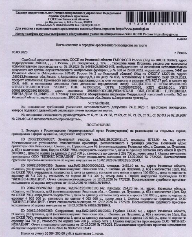 Здание, нежилое, объект незавершенного строительства, площадь 2495,1 кв.м., кад.номер 62:28:0000000:212. Здание, нежилое, площадь 214,2 кв.м., кад.номер 62:28:0010105:142.Земельный участок, земли населенных пунктов, ВРИ:для общественно-деловых целей, площадь 8712 +/- 33 кв.м., кад.номер 62:28:0020421:27, почтовый адрес ориентира: обл. Рязанская, г. Скопин, ул. Пушкина, дом 63. Граница з/у не установлена. Взыскатель: МИФНС №2 по Рязанской обл. Должник: ООО «Аква».