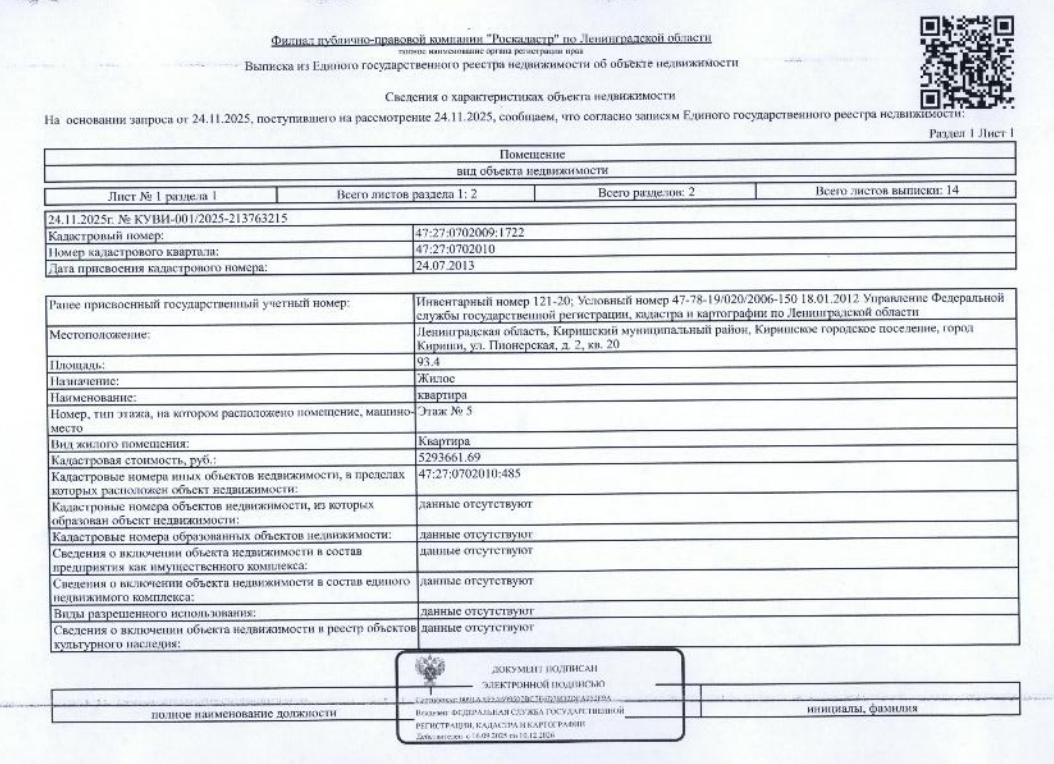 8/50 долей в квартире общ.пл. 93,4 кв.м. кадастровый № 47:27:0702009:1722, расположенная по адресу: ЛО, г. Кириши, ул. Пионерская, д. 2, кв. 20