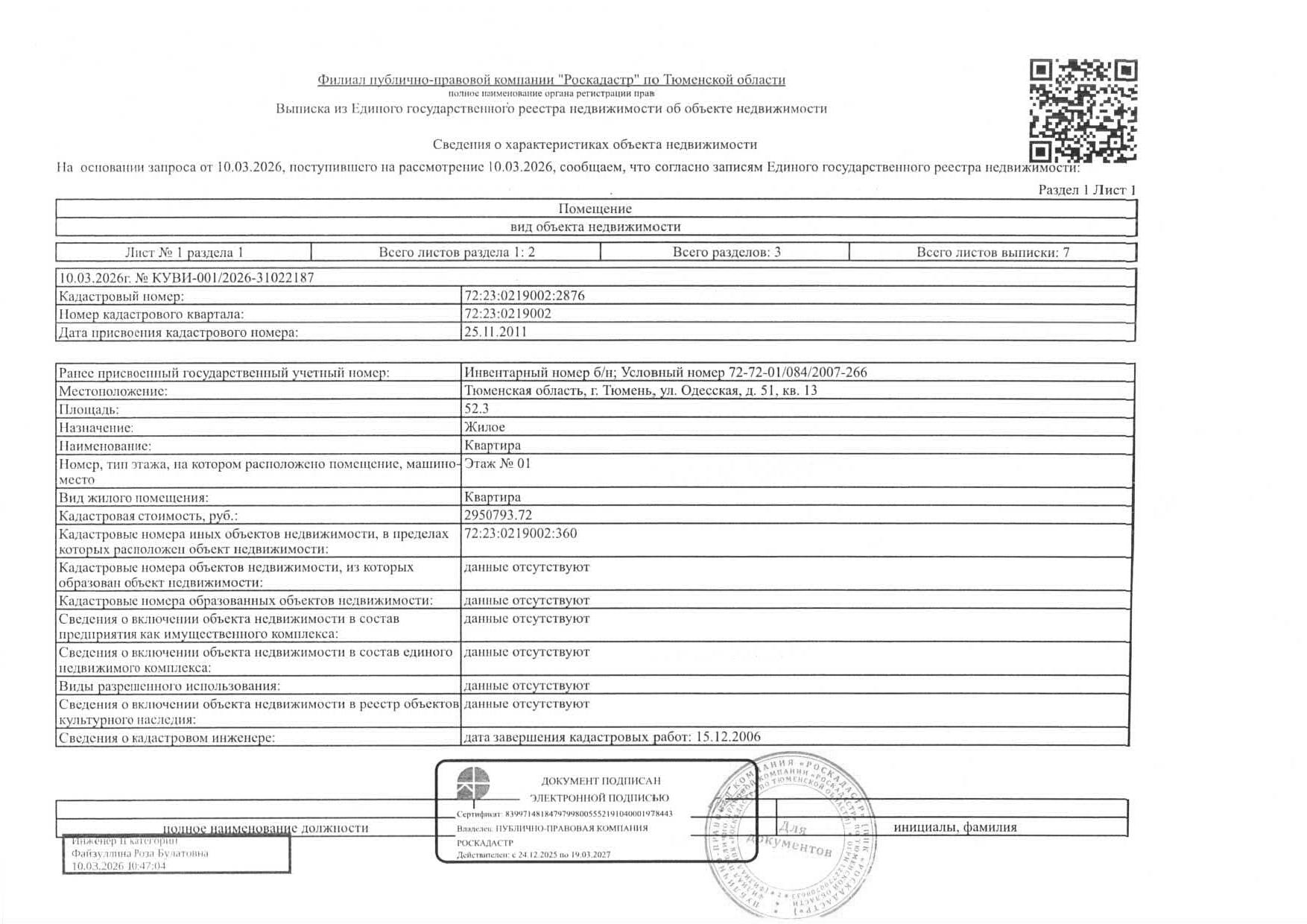 Жилое помещение, площадь 52,3 кв.м., кадастровый номер: 72:23:0219002:2876, г. Тюмень, ул. Одесская, д. 51, кв. 13 рег.№ 72-011601;