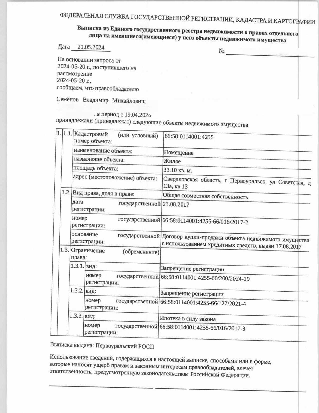 Жилое помещение (квартира), площадь 33,10 кв.м., кадастровый номер: 66:58:0114001:4255, г. Первоуральск, ул. Советская, д. 13а, кв. 13, рег.№ 43-2961/24