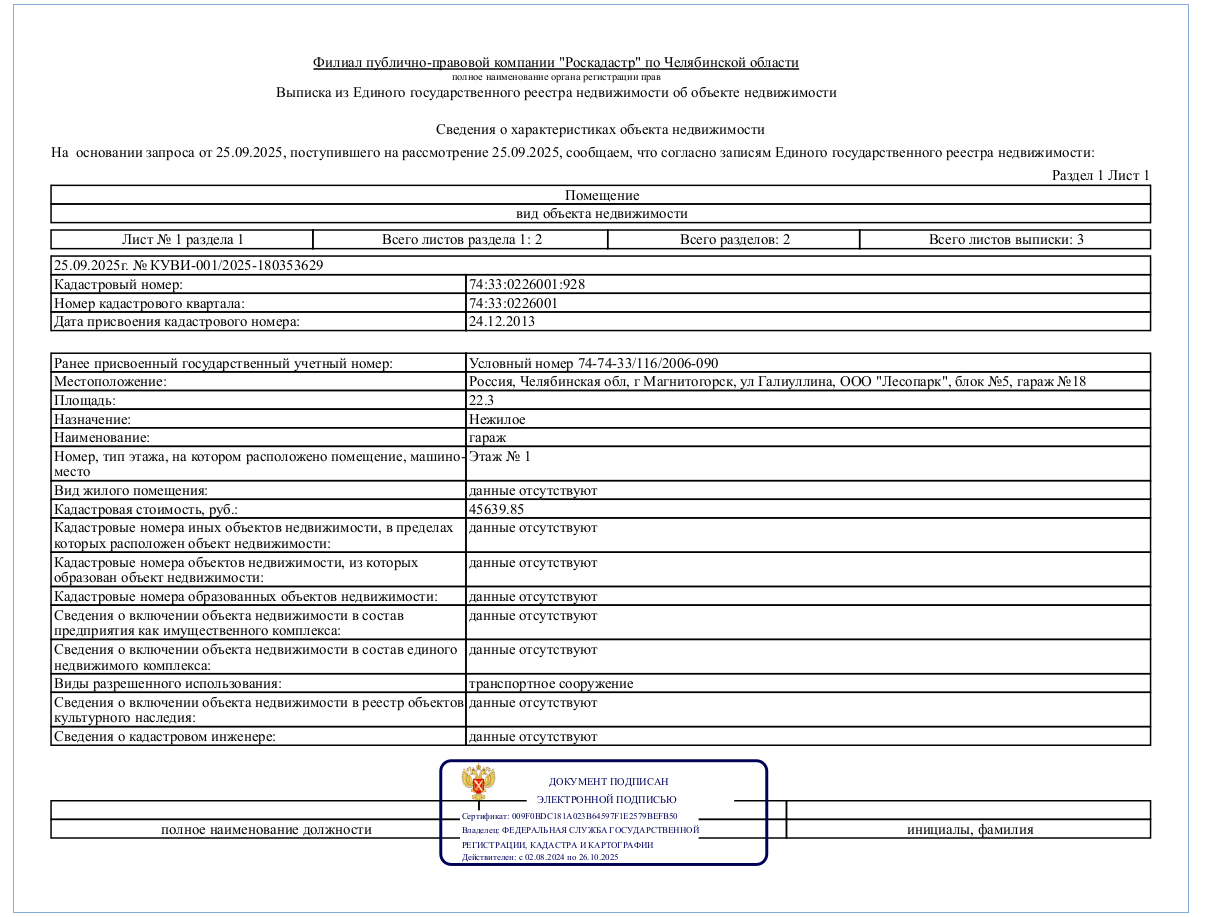 Помещение - гараж, площадью 22,3 кв.м., кадастровый номер: 74:33:0226001:928, реестровый номер: П13740009386, по адресу: Челябинская область,г. Магнитогорск, ул. Галиуллина,ООО «Лесопарк» блок №5, гараж №18. Целевое назначение: нежилое.