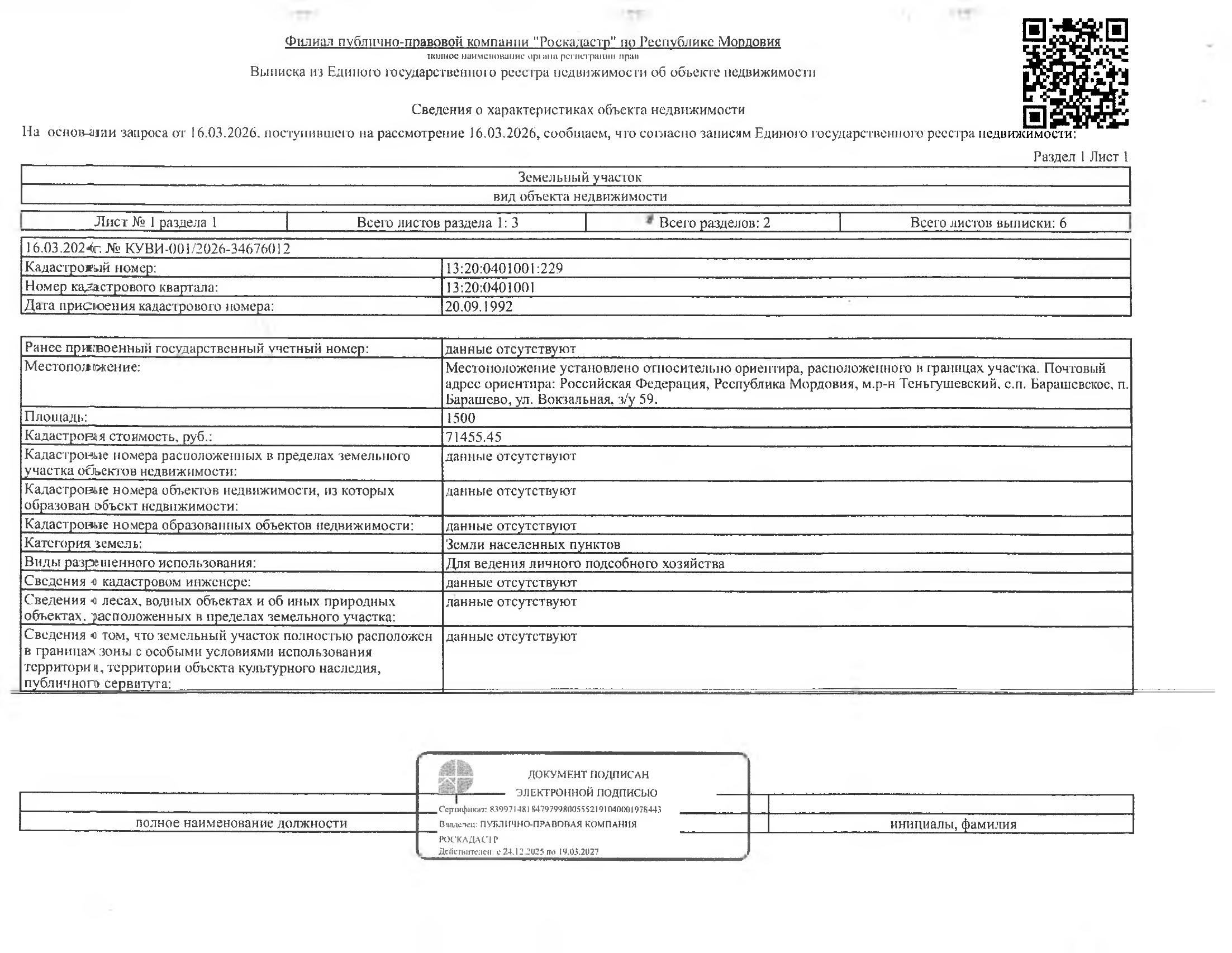 Земельный участок площадью 1500 кв.м.