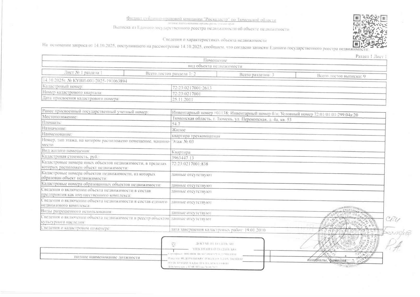 Жилое помещение, площадь 54,7 кв.м., кадастровый номер: 72:23:0217001:2613, г. Тюмень, ул. Перекопская, д. 4А, кв. 53, рег.№ 72-012036;