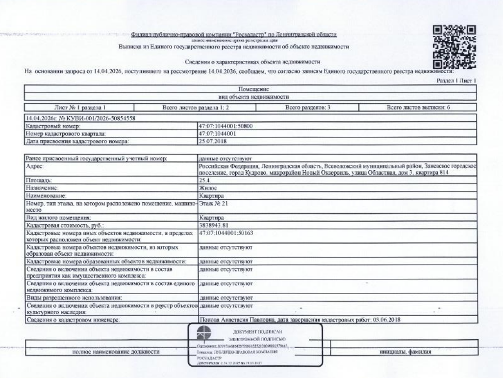 квартира общ.пл. 25,4 кв.м. кадастровый № 47:07:1044001:50800, расположенная по адресу: ЛО, Всеволожский район, г. Кудрово, мкр Новый Оккервиль, ул. Областная, д. 3, кв. 814.