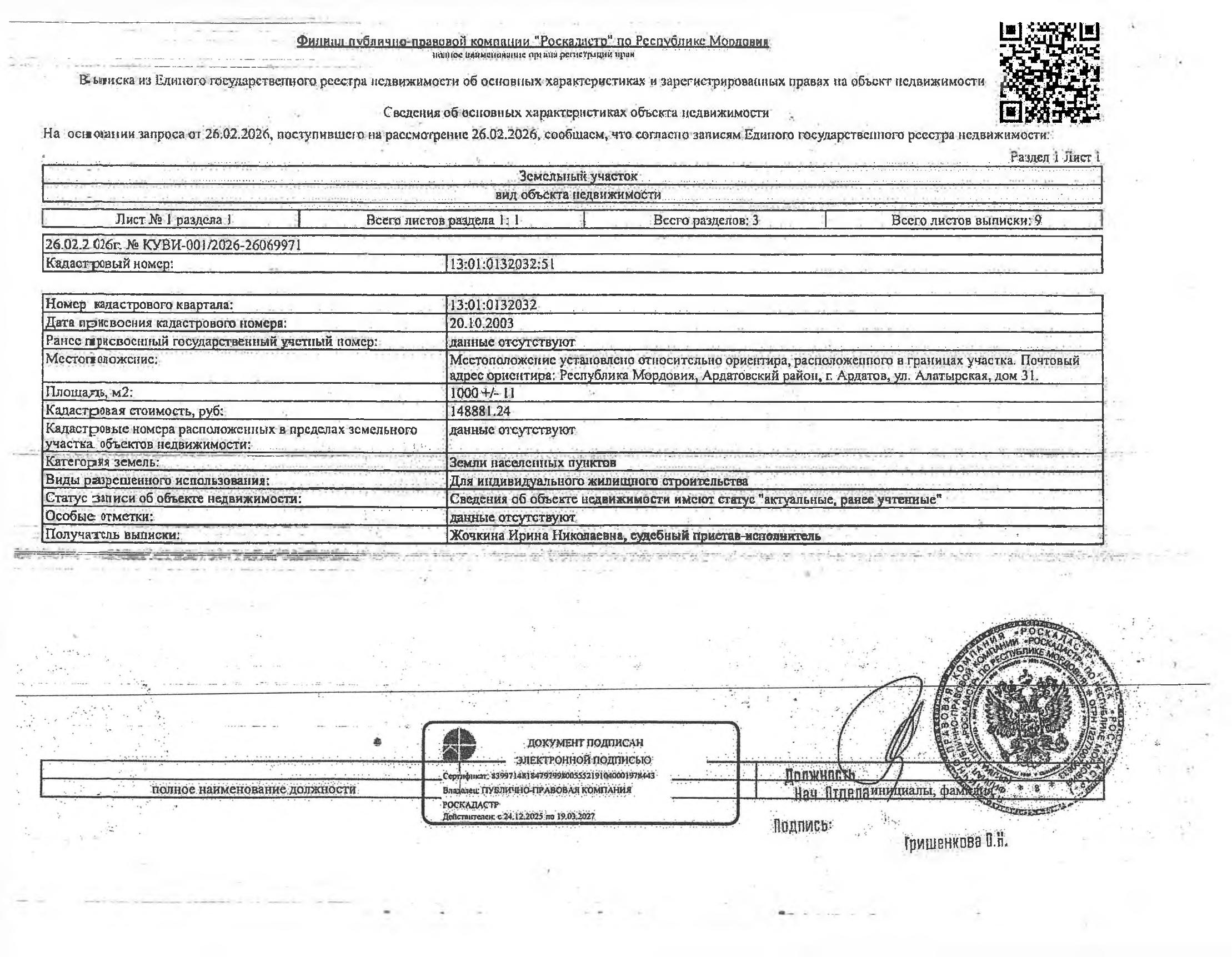 Земельный участок площадью 1000+/-11 кв.м.