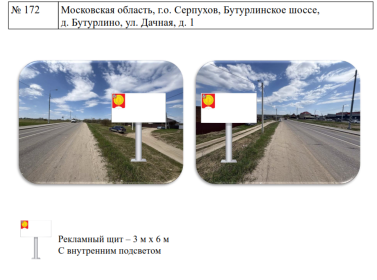 № 5. Право на заключение договоров на установку и эксплуатацию рекламных конструкций.Московская обл., г.о. Серпухов,Бутурлинское шоссе, д.Бутурлино, ул.Дачная, д.1. В схеме размещения рекламных конструкций №172;