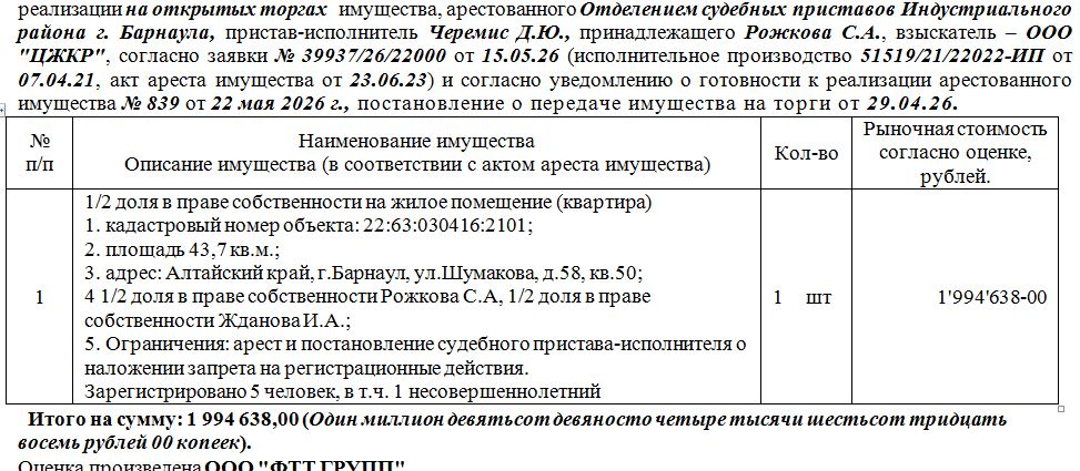 Лот№3 1/2 доля в праве собственности на жилое помещение (квартира) кадастровый номер объекта: 22:63:030416:2101 площадь 43,7 кв.м.; адрес: Алтайский край, г.Барнаул, ул.Шумакова, д.58, кв.50. Зарегистрировано 5 человек, в т.ч. 1 несовершеннолетний. Нач.цена 1994638 руб. (1/2 доля в праве собственности Рожкова С.А, 1/2 доля в праве собственности Жданова И.А.; Ограничения: арест и постановление судебного пристава-исполнителя о наложении запрета на регистрационные действия) (839)