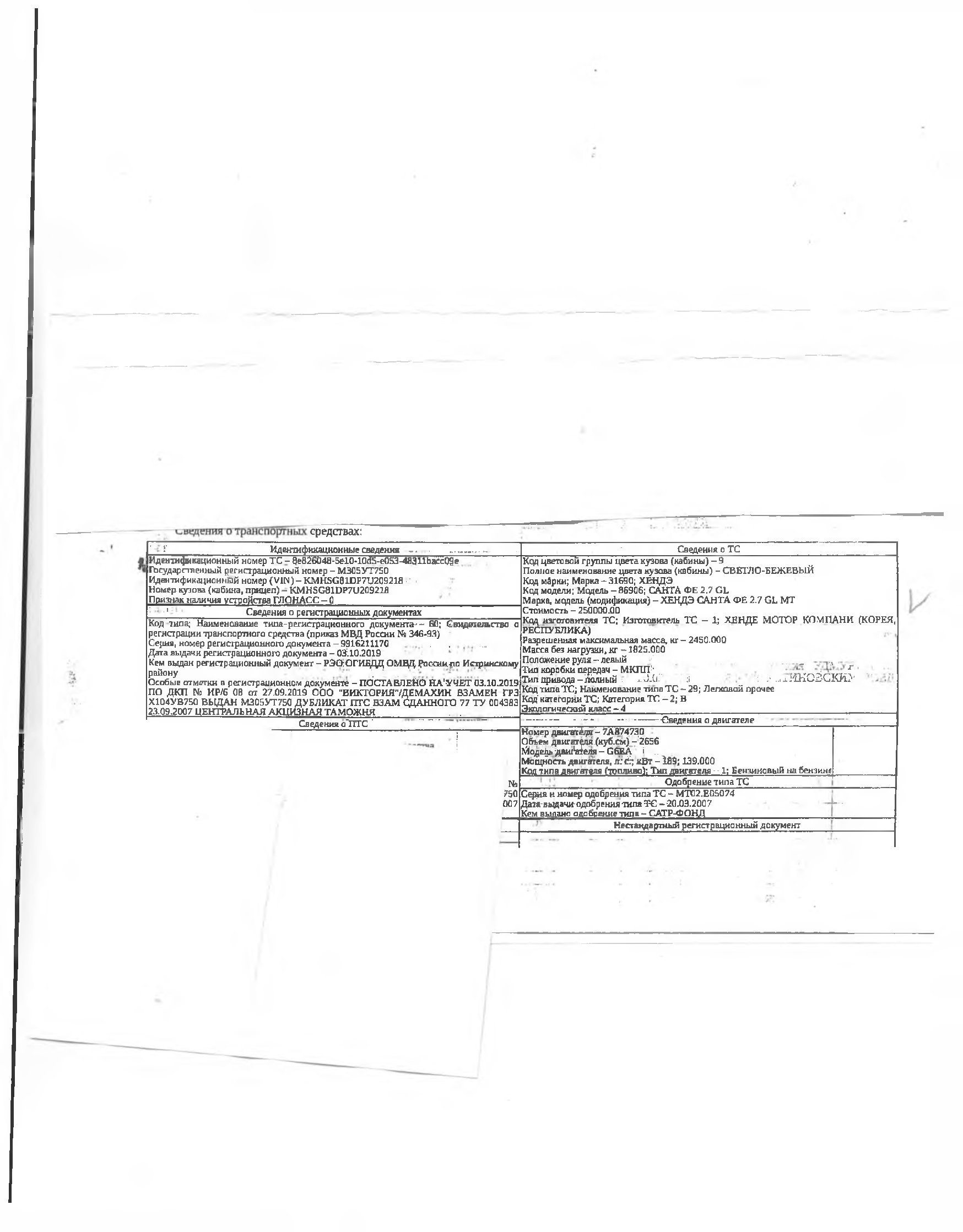 Легковой автомобиль ХЕНДЭ САНТА ФЕ 2.7 GL MT, 2007 г/в