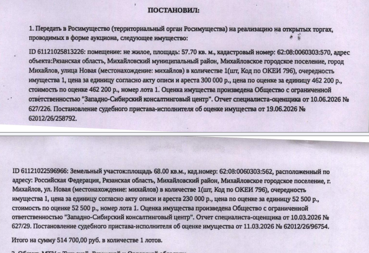 Здание, назначение: нежилое, наименование: гараж, площадь 57,7 кв.м., кадастровый номер 62:08:0060303:570, местоположение: Рязанская обл, Михайловский м.р-н, Михайловское г.п., г. Михайлов, ул. Новая. Земельный участок, земли населенных пунктов, ВРИ: объекты гаражного назначения, площадь 68 +/- 2.88 кв.м., кадастровый номер 62:08:0060303:562, местоположение: Рязанская обл, Михайловский р-н, Михайловское г.п., г. Михайлов, ул. Новая. Взыскатель: ПАО «Сбербанк России». Должник: Чекалин В.В.
