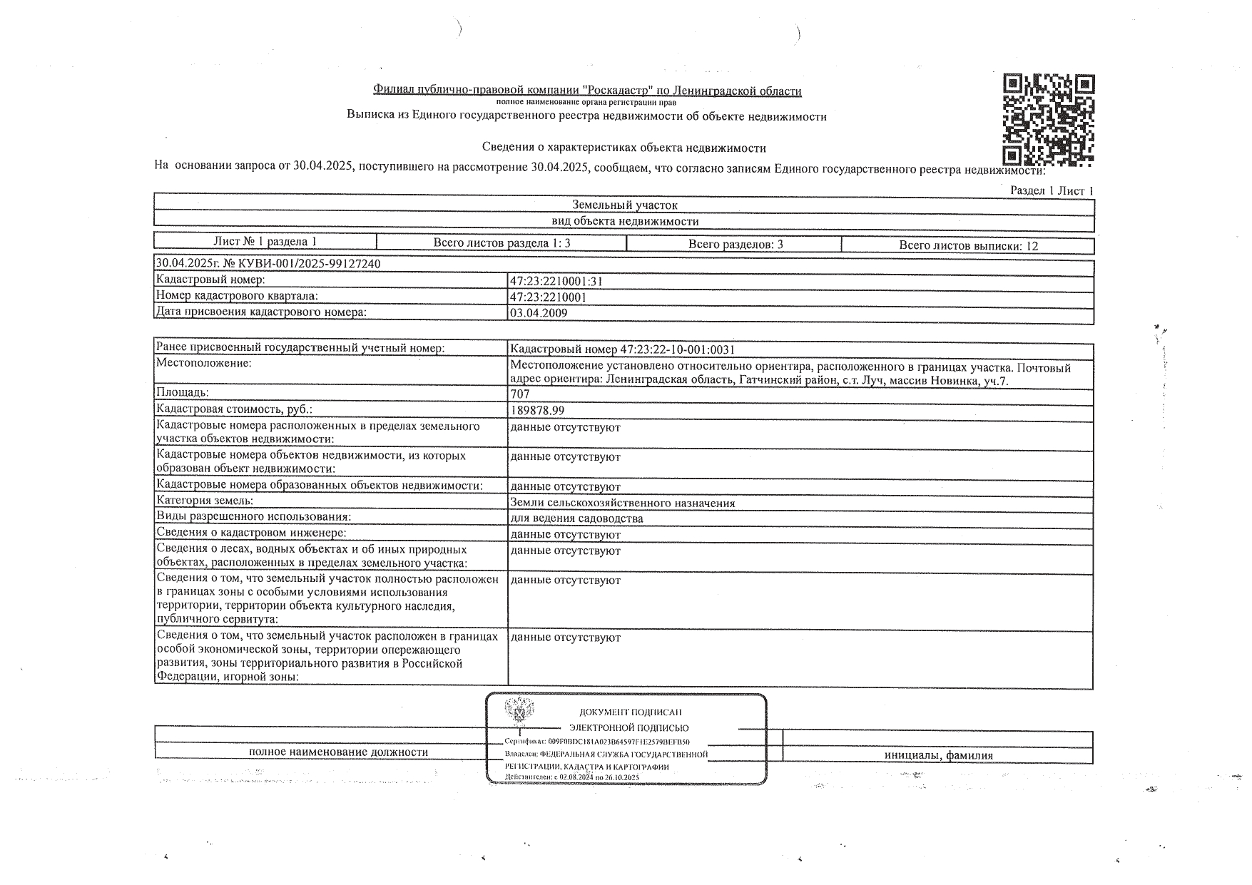 Земельный участок площадью 707 кв.м, кад. № 47:23:2210001:31, по адресу: Местоположение установлено относительно ориентира, расположенного в границах участка. Почтовый адрес ориентира: Ленинградская область, Гатчинский район, с.т. Луч, массив Новинка, уч.7