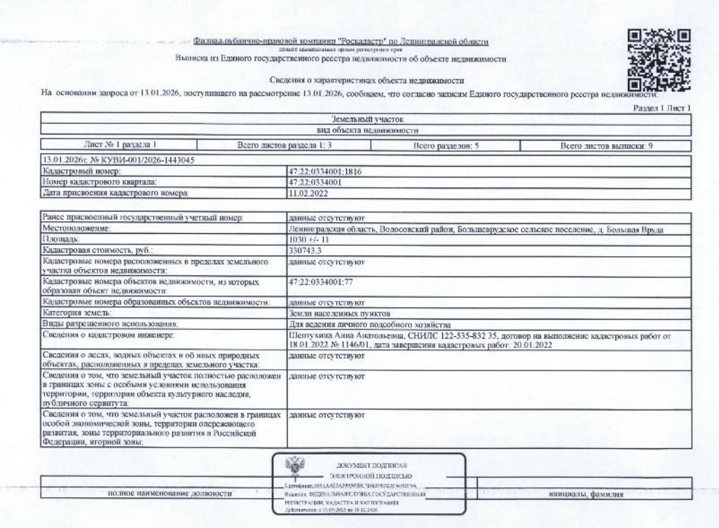 Земельный участок общ.пл 1030 кв.м. кадастровый № 47:22:0334001:1816, расположенный по адресу: ЛО, Волосовский район, Большеврудское с.п. д. Большая Вруда