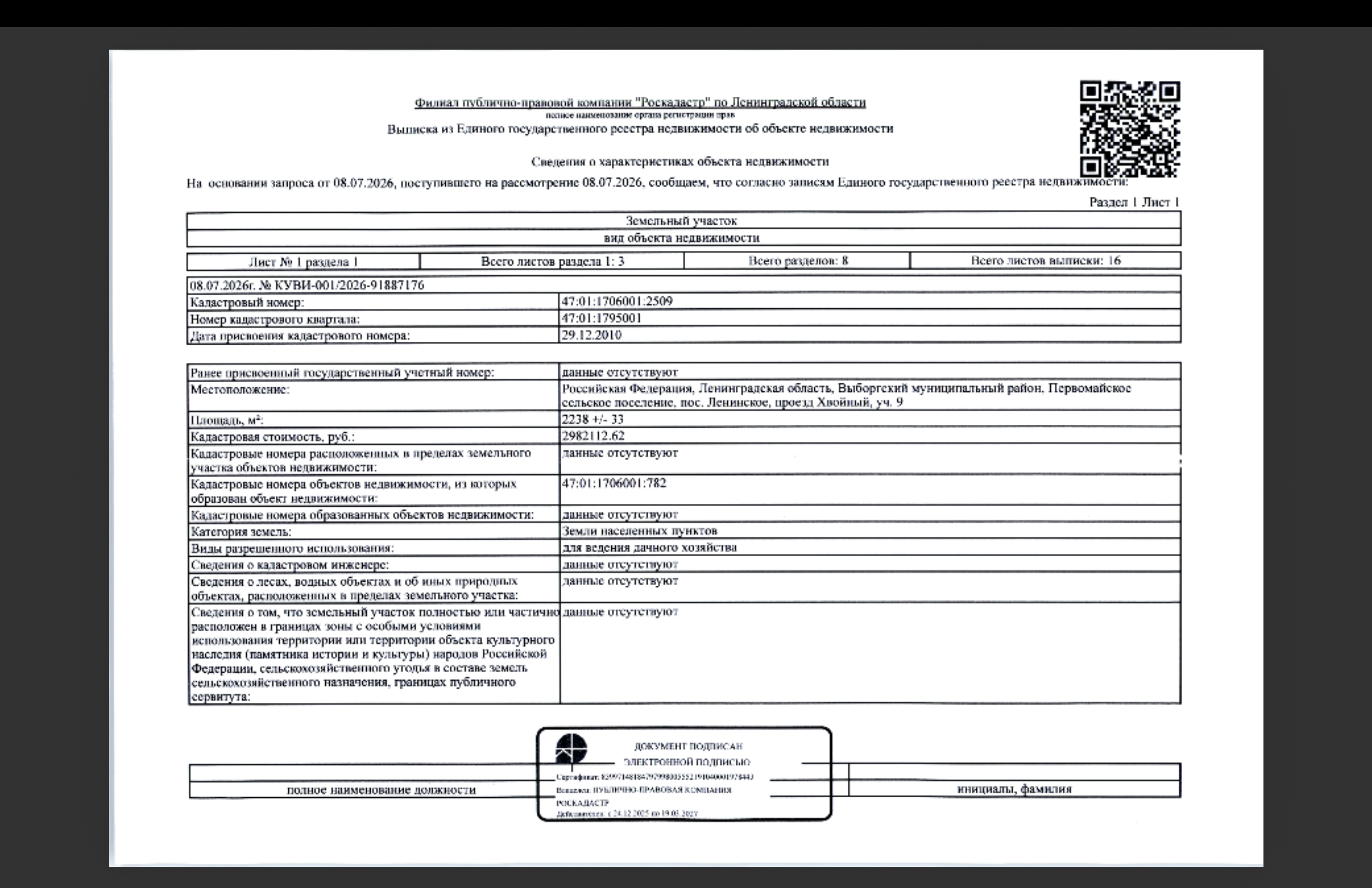 Земельный участок, общ. пл. 2238 м2, кадастровый номер 47:01:1706001:2509, расположенный по адресу: Ленинградская область, Выборгский район, Первомайское сельское поселение, пос. Ленинское, проезд Хвойный, участок Nº9. Категория земель: земли населенных пунктов, Виды разрешенного использования: для ведения дачного хозяйства.