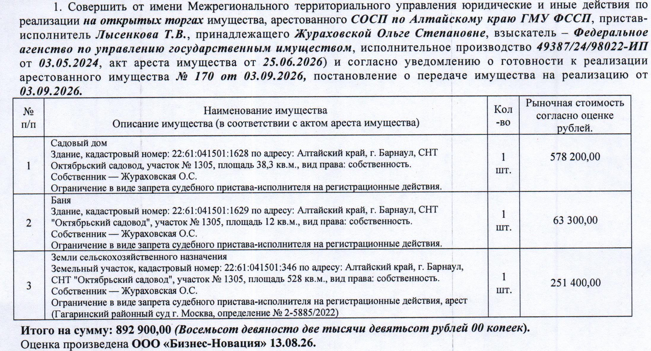 Лот№8 Нежилое здание (садовый дом), 1975 г.п., кадастровый № 22:61:041501:1628, площадь 38,3 кв.м., количество этажей – 2, нежилое здание (баня), 1993 г.п., кадастровый № 22:61:041501:1629, площадь 12 кв.м., количество этажей – 1, и земельный участок, назначение – земли сельскохозяйственного назначения для ведения садоводства, кадастровый № 22:61:041501:346, площадь 528 кв.м., адрес: Алтайский край, г. Барнаул, СНТ «Октябрьский садовод», участок № 1305.