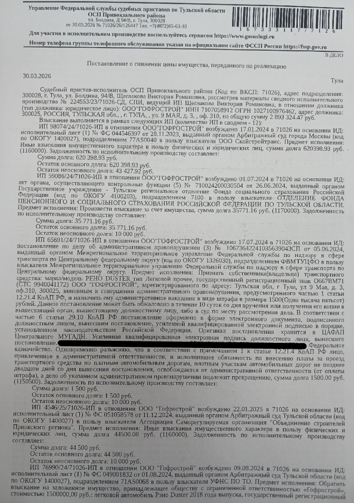 Автомобиль легковой РЕНО DUSTER, 2018 г.в., цвет белый, г/н О667ВМ71, VIN X7LHSRHGN61467509, сколы на крыше в стыке с лобовым стеклом, вмятина на крышке багажника, трещина на переднем бампере, треснут пластик на правом пороге, спускает переднее левое колесо, не работает задний мост, сколы на заднем бампере. Место хранения: г. Тула, ул. Полевая, 13 а. Ответственный хранитель ООО «ТехИнвестСтрой». Залогодержатель: УФНС по Тульской области. Должник: ООО «Гофрострой».