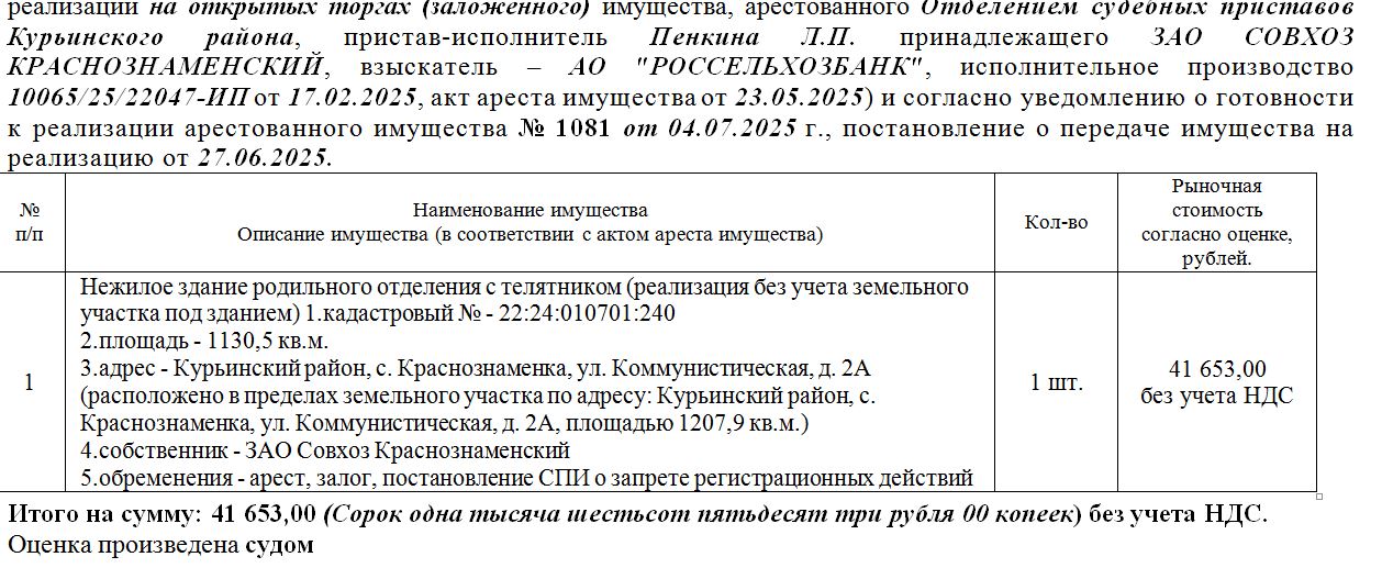 Лот№6 Нежилое здание родильного отделения с телятником, кад.№ 22:24:010701:240, S-1130,5 кв.м., адрес: АК, Курьинский р-н, с. Краснознаменка, ул. Коммунистическая, д. 2А (расположено в пределах зем. участка по адресу: Курьинский р-н, с. Краснознаменка, ул. Коммунистическая, д. 2А, S-1207,9 кв.м.). Нач. цена 35405 руб. 05 коп. (1081) (повторные)Нач. цена лота указана без НДС. Оконч. размер НДС в договоре купли-продажи будет рассчитан после проведения аукциона (ЗАО Совхоз Краснознаменский, арест,