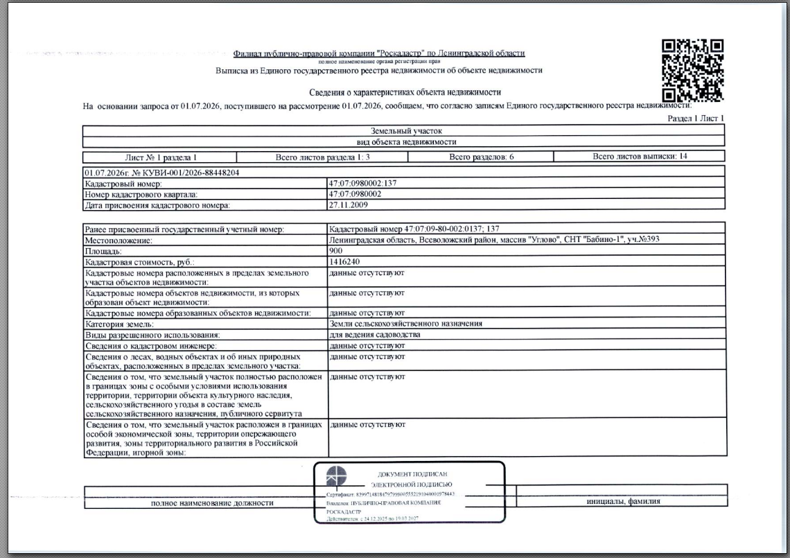 Земельный участок общей пл. 900 кв.м, кадастровый номер 47:07:0980002:137 (Земли сельскохозяйственного назначения для ведения садоводства) расположенный по адресу: Ленинградская область, Всеволожский район, массив "Углово", СНТ "Бабино-1", уч. 393