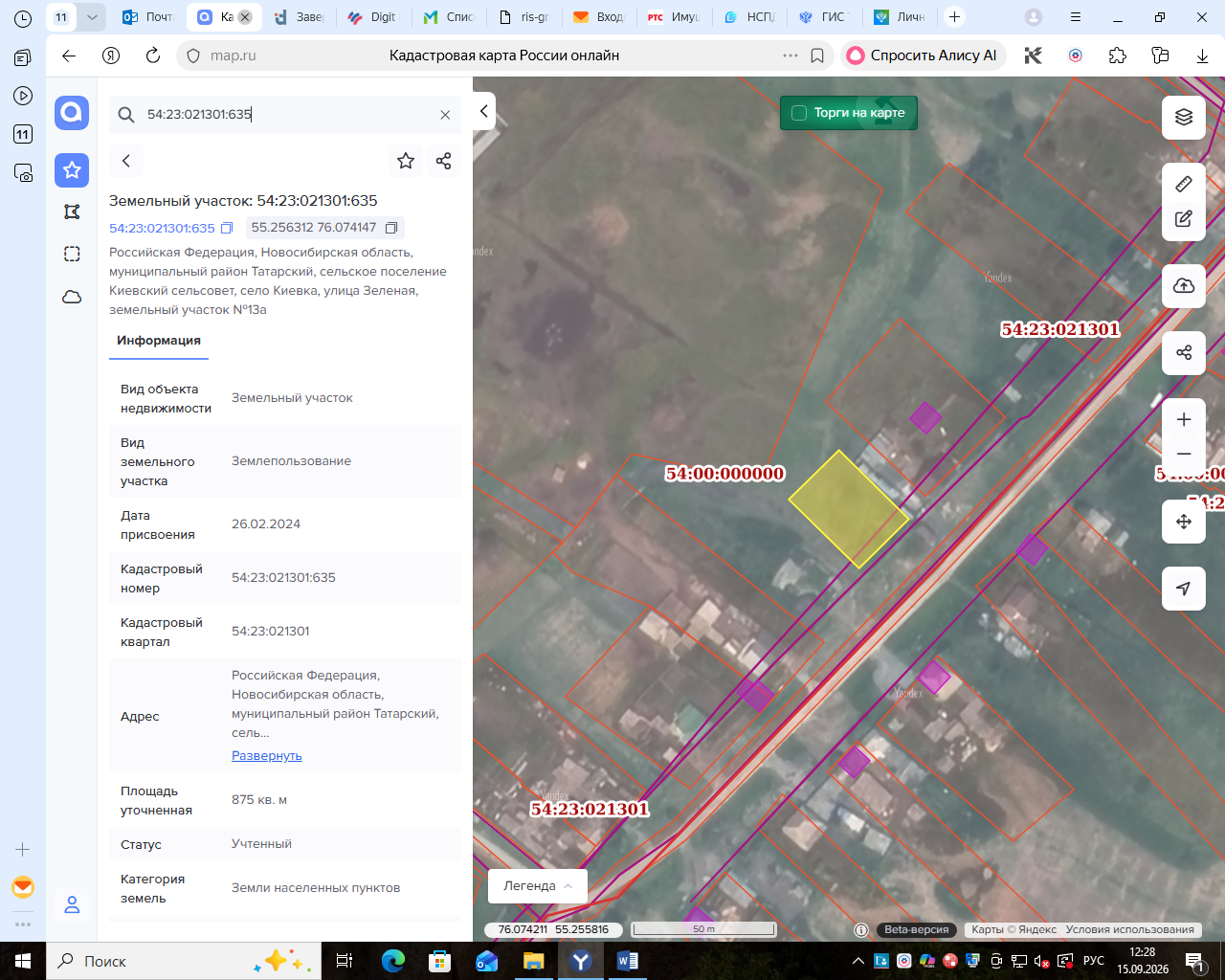 На право заключения договора аренды земельного участка с кадастровым номером 54:23:021301:635, адресом: Российская Федерация, Новосибирская область, муниципальный район Татарский, сельское поселение Киевский сельсовет, село Киевка, улица Зеленая, земельный участок №13а