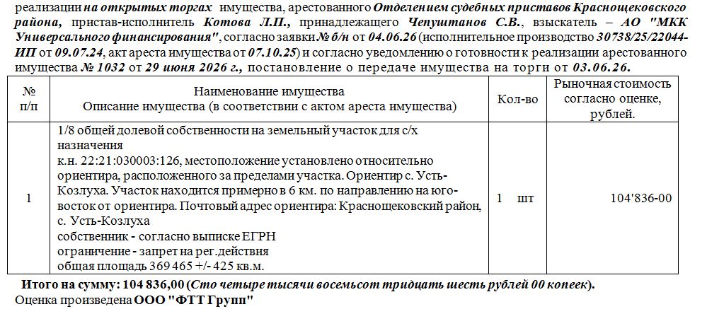 Лот№1 1/8 общей долевой собственности на земельный участок для с/х назначения к.н. 22:21:030003:126, общая площадь 369 465 +/- 425 кв.м., местоположение установлено относительно ориентира, расположенного за пределами участка. Ориентир с. Усть-Козлуха. Участок находится примерно в 6 км. по направлению на юго-восток от ориентира. Почтовый адрес ориентира: Краснощековский район, с. Усть-Козлуха. Нач.цена 104836 руб. (Чепуштанов С.В.-должник, собственник - согласно выписке ЕГРН, запрет на рег.дейст
