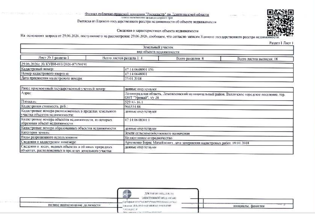Земельный участок общей площадь 529 кв.м Кадастровый номер 47:14:0648001:156, ( Земли сельскохозяйственного назначения для коллективного огородничества )расположенный по адресу: Ленинградская область, Ломоносовский муниципальный район, Виллозское городское поселение, тер. ОНТ "Урожай", з/у 28