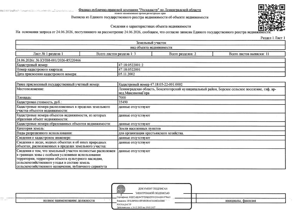 земельный участок общ.пл. 7000 кв.м. кадастровый № 47:18:0522001:2, расположенный по адресу: ЛО, Бокситогорский мун. район, Борское с.п., глф, вр-нед. Максимова Гора.