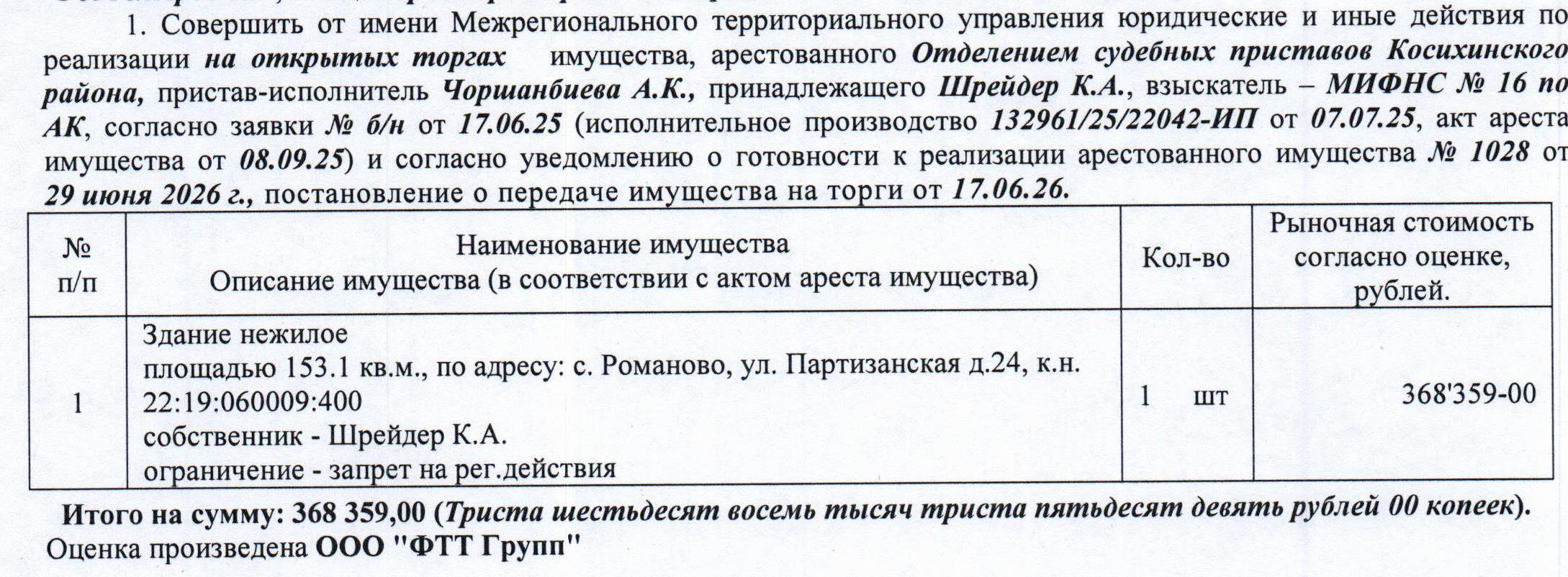 Лот№1 Нежилое здание, 2014 г.п., кадастровый № 22:19:060009:400, площадь 153,1 кв.м., количество этажей - 1, адрес: Алтайский край, Косихинский район, с. Романово, ул. Партизанская, д. 24. Начальная цена 313 105 руб. 15 коп. (Шрейдер К.А., запреты на совершение регистрационных действий) (1028) (повторные).
