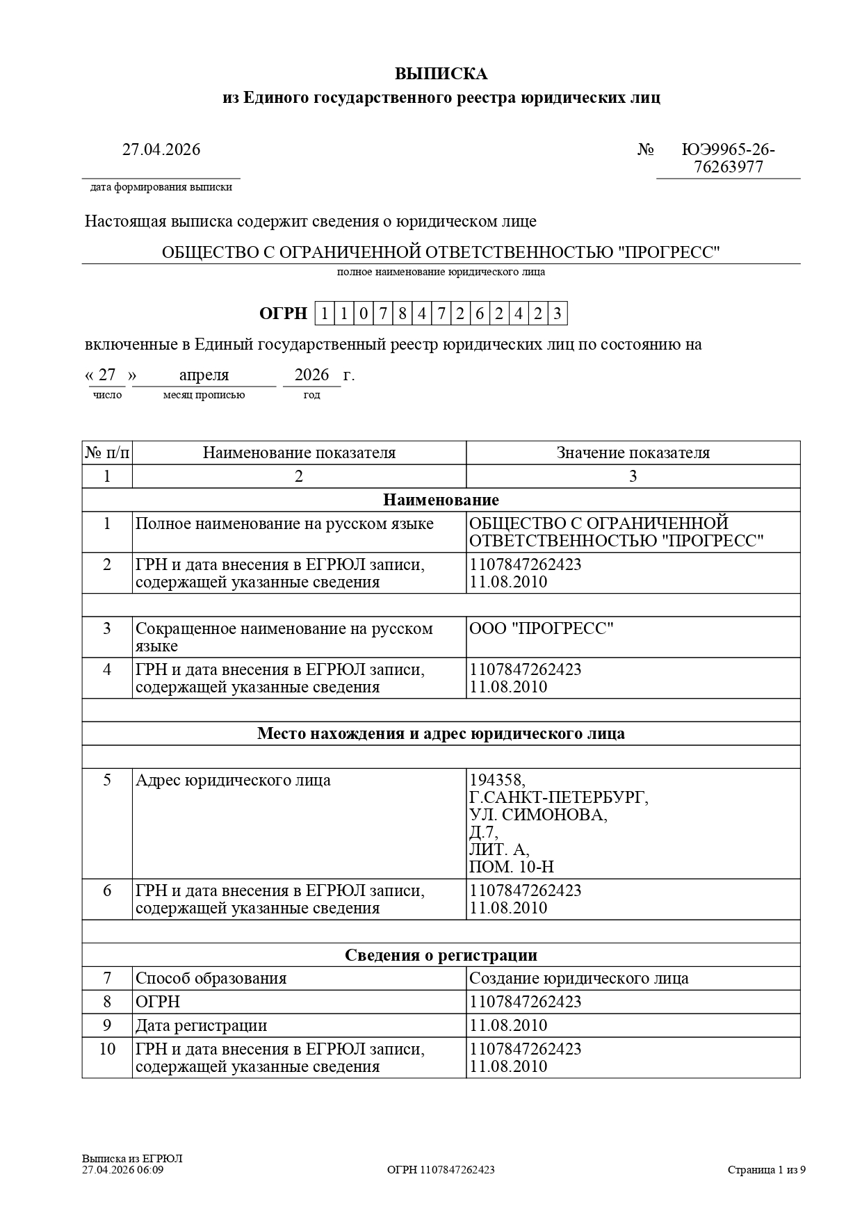 95% долей в уставном капитале ООО "Прогресс" ИНН 7802722130 ОГРН 1107847262423