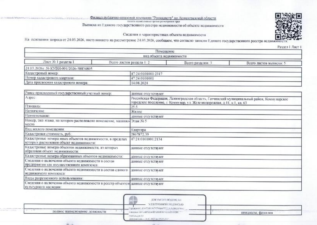 квартира общ.пл.25,5 кв.м. кадастровый № 47:24:0101001:2317, расположенная по адресу: ЛО, Гатчинский район, Коммунарское г.п., г. Коммунар, ул. Железнодорожная, д. 41, к. 1, кв. 63.