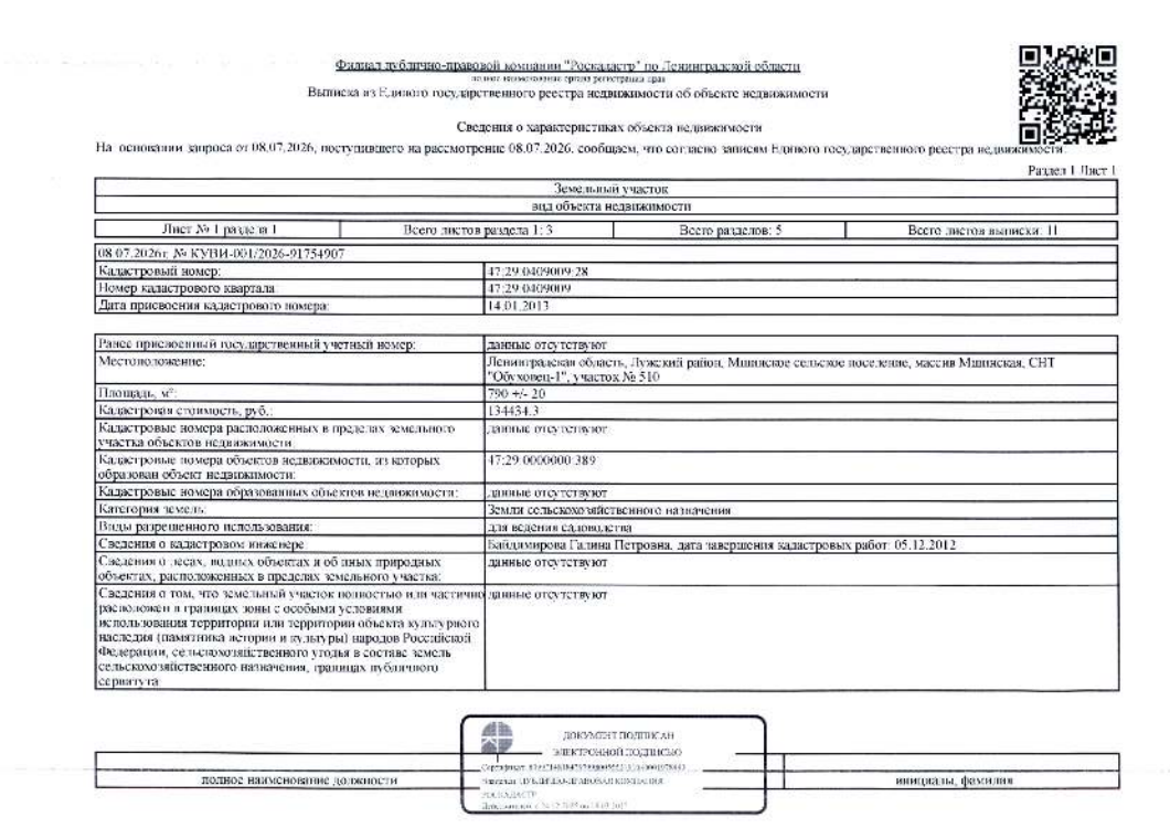 земельный участок общ.пл 790 кв.м. кадастровый № 47:29:0409009:28, расположенный по адресу: ЛО, Лужский район, Мшинское с.п., массив Мшинская, СНТ "Обуховец-1", уч. 510
