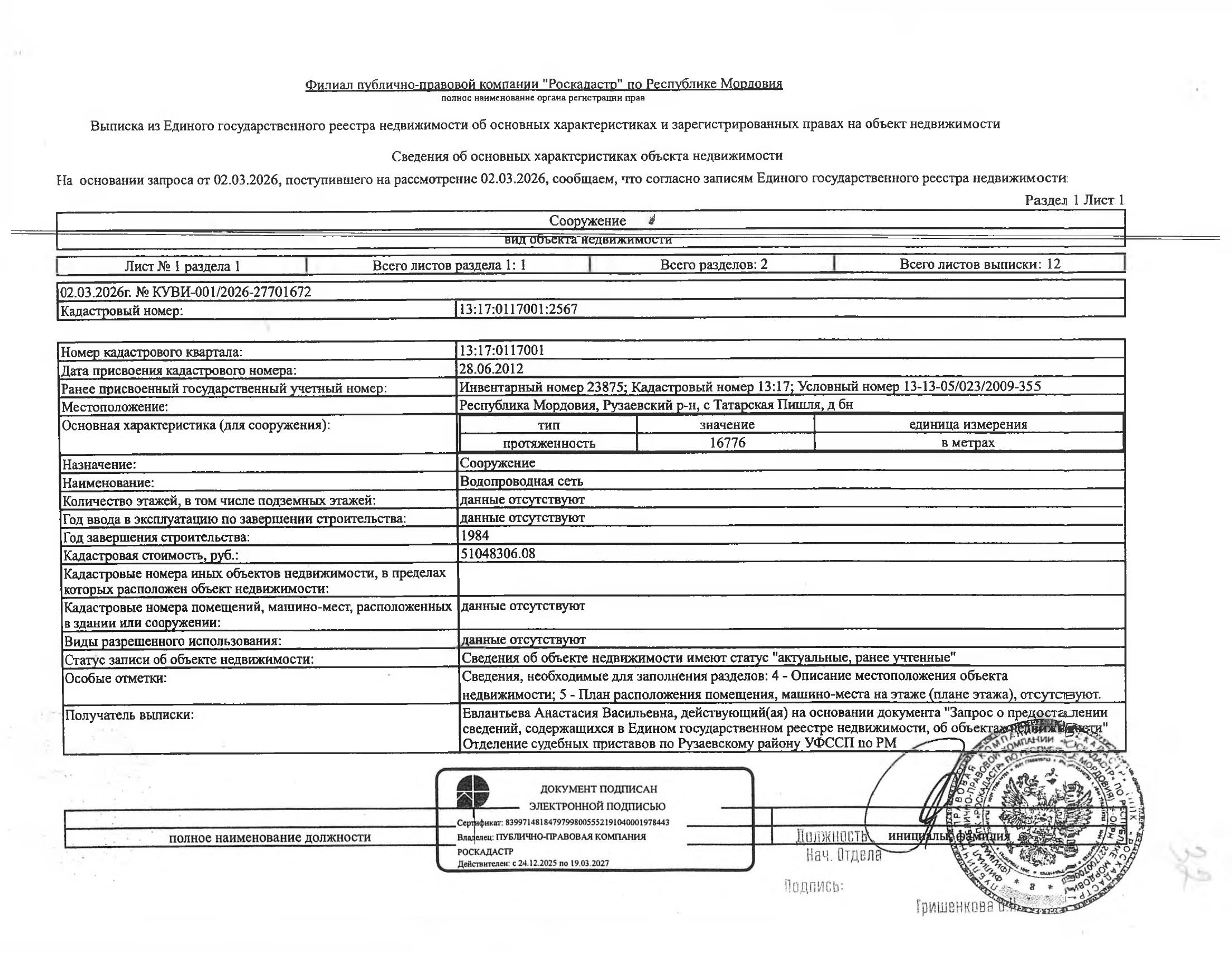 Сооружение (водопроводная сеть) протяжённостью 16 776 м.