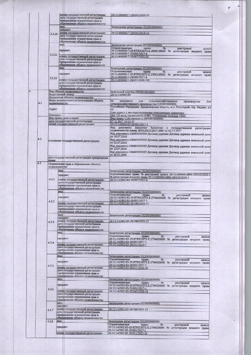 1. Земельный участок общей площадью 13638 кв. м, кадастровый номер 29:15:142902:84, категория земель - земли сельскохозяйственного назначения, вид разрешенного использования - для сельскохозяйственного производства. 2. Земельный участок общей площадью 283733 кв. м, кадастровый номер 29:15:142902:83, категория земель - земли сельскохозяйственного назначения, вид разрешенного использования - для сельскохозяйственного производства.