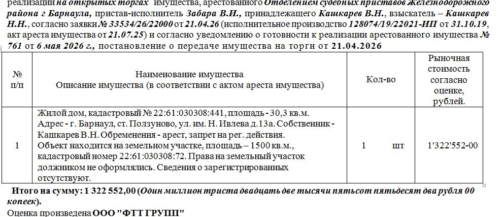 Лот№3 Жилой дом, кадастровый № 22:61:030308:441, площадь - 30,3 кв.м. Адрес - г. Барнаул, ст. Ползуново, ул. им. Н. Ивлева д.13а. Сведения о зарегистрированных отсутствуют. Нач.цена 1322552 руб. (арест, запрет на рег. действия. Объект находится на земельном участке, площадь – 1500 кв.м., кадастровый номер 22:61:030308:72. (Кашкарев В.Н., права на земельный участок должником не оформлялись) (761)