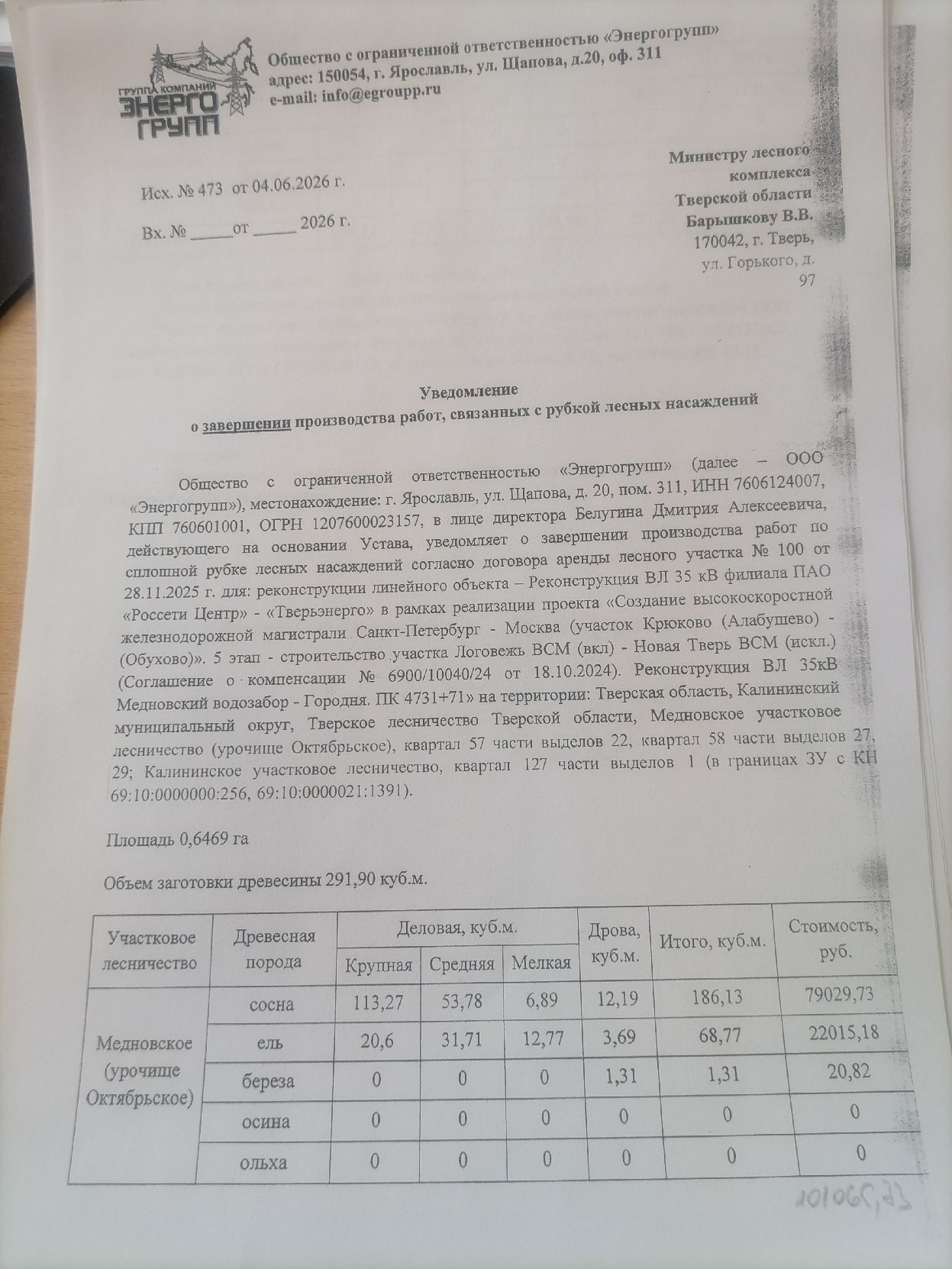 Количество и породный состав древесины: ель – 25,56 куб.м (деловая: крупная – 15,05 куб.м, средняя – 4,85 куб.м, мелкая – 1,27 куб.м, дровяная – 4,39 куб.м), осина – 3,64 куб.м (дровяная – 3,64 куб.м).