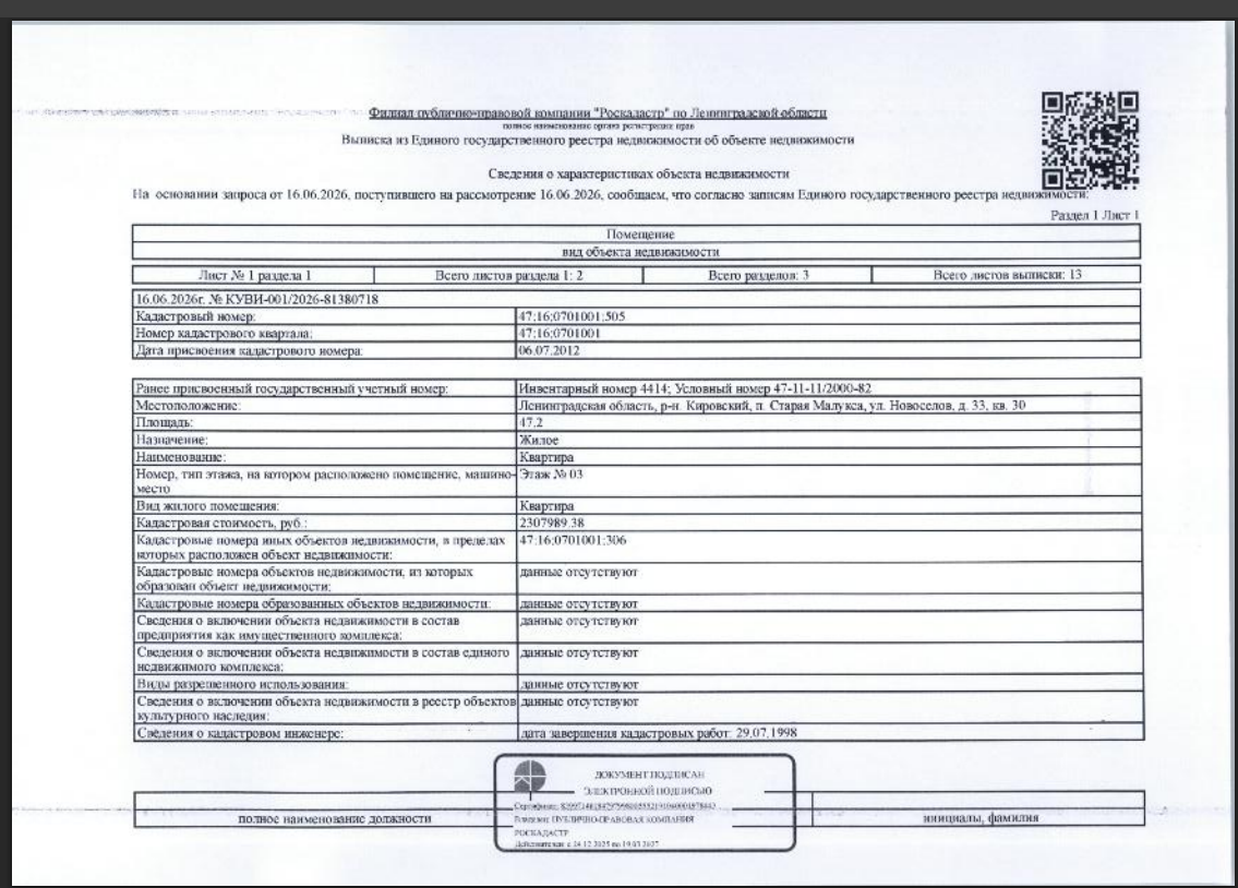 Квартира общей пл.47.2 кв.м., 1991 г.п.,кад № 47:16:0701001:505 расположенная по адресу: Ленинградская область, Кировский район, пос. Старая Малукса, ул. Новоселов, д. 33, кв.30.