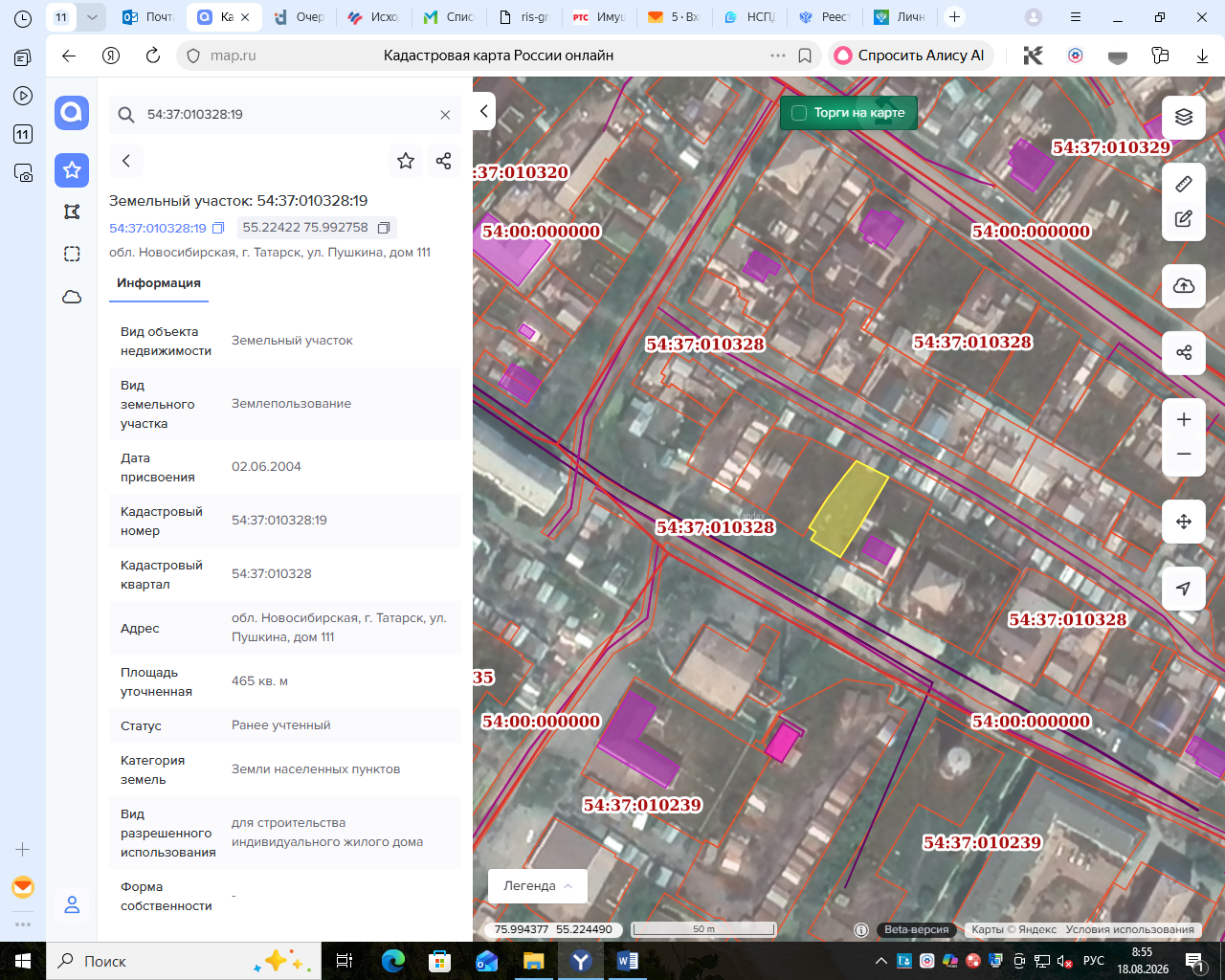 На право заключения договора купли-продажи земельного участка с кадастровым номером 54:37:010328:19, адресом: обл. Новосибирская, г. Татарск, ул. Пушкина, дом 111