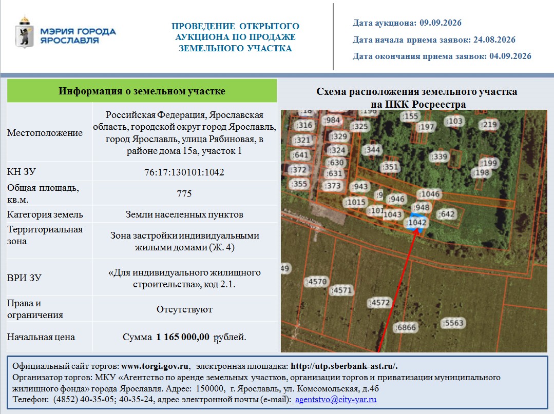 Продажа земельного участка, находящегося в государственной собственности, с описанием местоположения: Российская Федерация, Ярославская область, городской округ город Ярославль, город Ярославль, улица Рябиновая, в районе дома 15а, участок 1