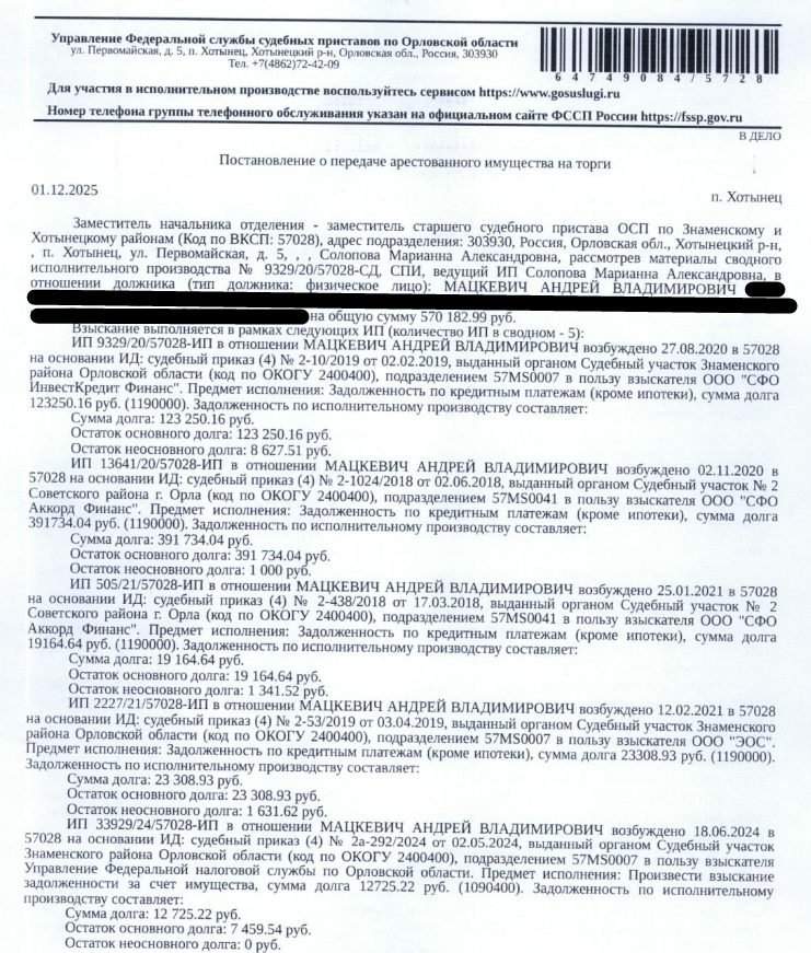 Земельный участок, категория земель: земли населенных пунктов, виды разрешенного использования: для ведения личного подсобного хозяйства, кадастровый номер 57:02:0960101:31, площадь 7944 +/- 31,2 кв.м, местоположение установлено относительно ориентира, расположенного в границах участка. Почтовый адрес ориентира: Российская Федерация, Орловская область, р-н Знаменский, с Муратово, ул Центральная, д 8. Взыскатель: ООО «СФО Аккорд Финанс», ООО «ЭОС» и др.