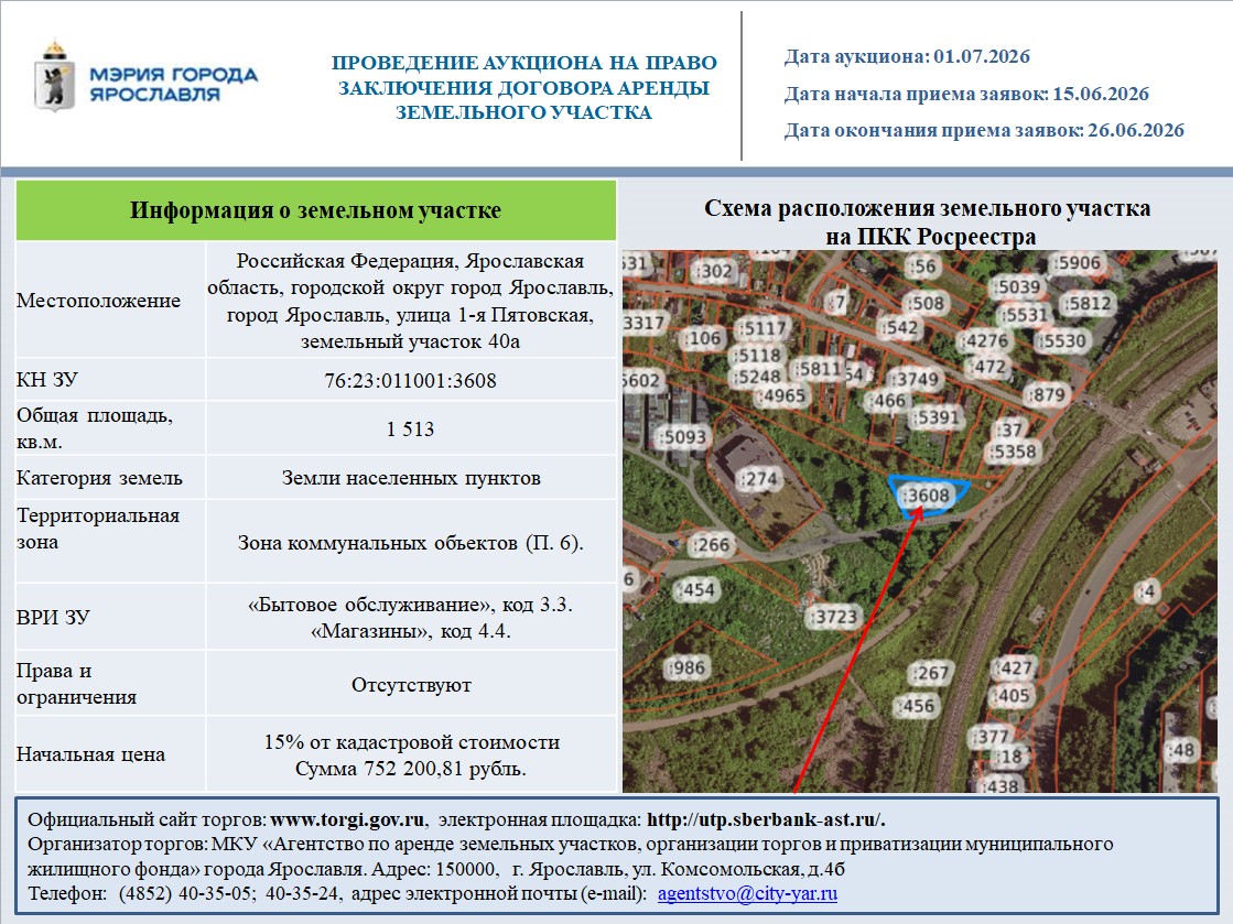 Право на заключения договора аренды земельного участка, находящегося в муниципальной собственности, расположенного по адресу: Российская Федерация, Ярославская область, городской округ город Ярославль, город Ярославль, улица 1-я Пятовская, земельный участок 40а