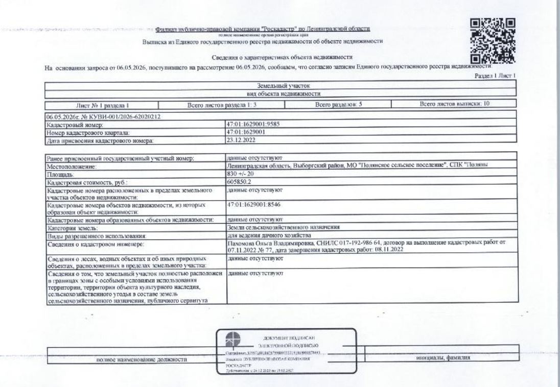 Земельный участок общей пл.830 кв.м., кад. №47:01:1629001:9585 (Земли сельскохозяйственного назначения для ведения дачного хозяйства) расположенный по адресу: Ленинградская область, Выборгский район, МО "Полянское сельское поселение", СПК «Поляны».