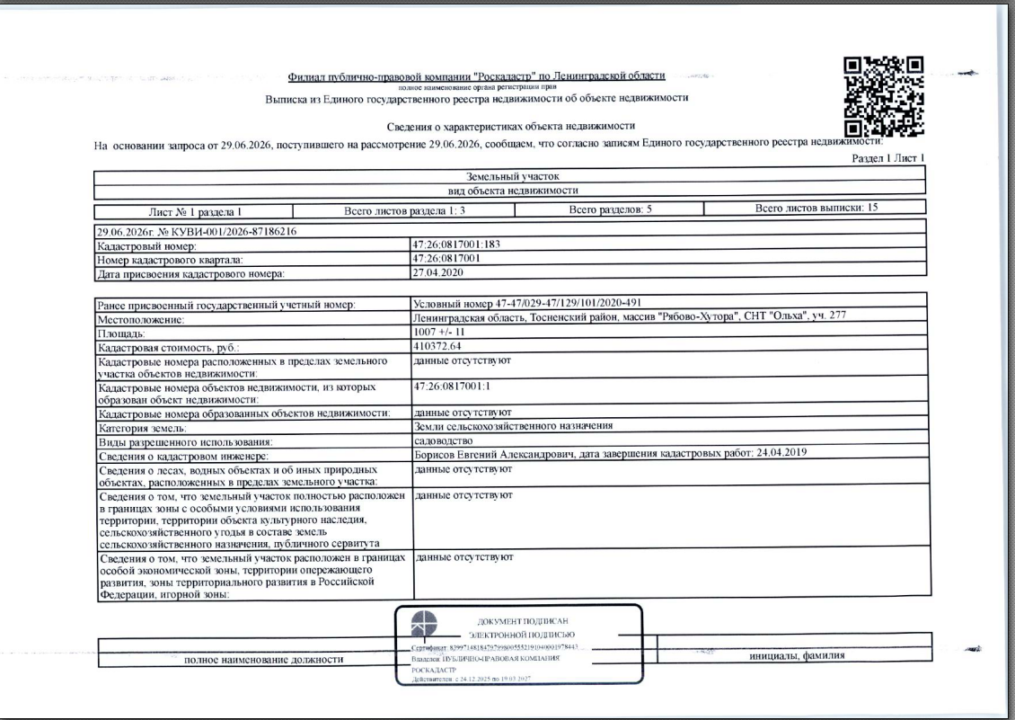 Земельный участок общей пл. 1007кв.м., расположенный по адресу: Ленинградская область, Тосненский район, массив "Рябово-Хутора", СНТ "Ольха", уч. 277 кад 47:26:0817001:183