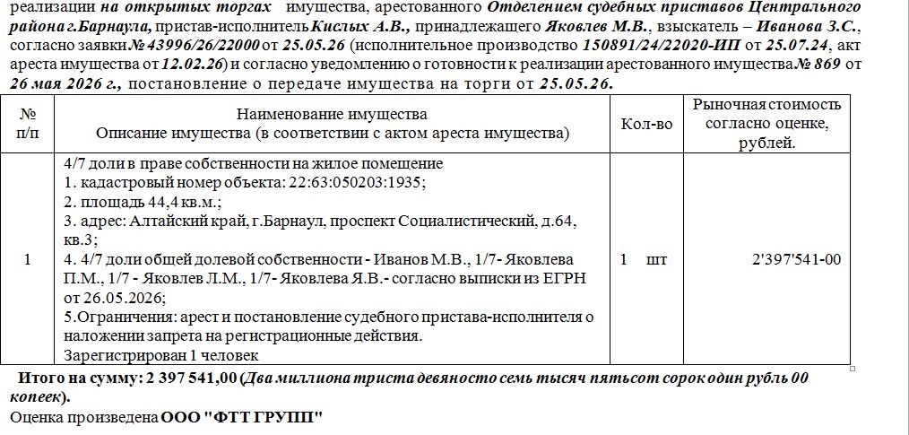 Лот№3 4/7 доли в праве собственности на жилое помещение кадастровый номер объекта: 22:63:050203:1935; площадь 44,4 кв.м.;адрес: Алтайский край, г.Барнаул, проспект Социалистический, д.64, кв.3. Зарегистрирован 1 человек . Нач.цена 2037909 руб. 85 коп. (4/7 доли общей долевой собственности - Иванов М.В., 1/7- Яковлева П.М., 1/7 - Яковлев Л.М., 1/7- Яковлева Я.В.- согласно выписки из ЕГРН от 26.05.2026; Ограничения: арест и постановление судебного пристава-исполнителя о наложении запрета на регист