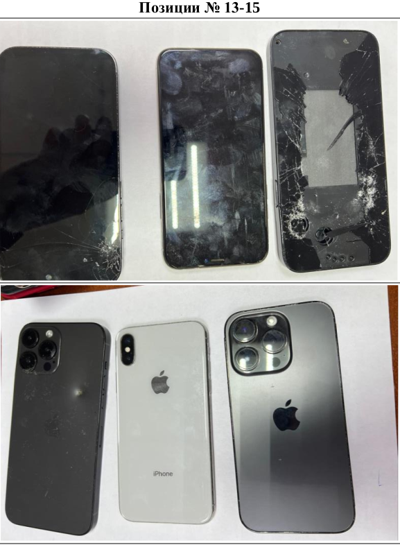 Годные остатки (запасные части в сборном виде) телефонов: Сотовый телефон «IPhone 15 Pro Max»; сотовый телефон «iPhone 10»; мобильный телефон «iPhone 11» IMEI- 1 35 898187 030350 9, IMEI-2 35 89818 0303293 в чехле черного цвета; Мобильный телефон "iPhone 7", imeil:356554087207482; Сотовый телефон "Iphone X" номер модели MQAD2RU/A серийный номер F17WW18EJCLJ, IMEI 354878092025601; «Apple Iphone 11 Pro», модель «MWC62RU/A» и др. Детальное описание лота - указано в пункте 3 Извещения.