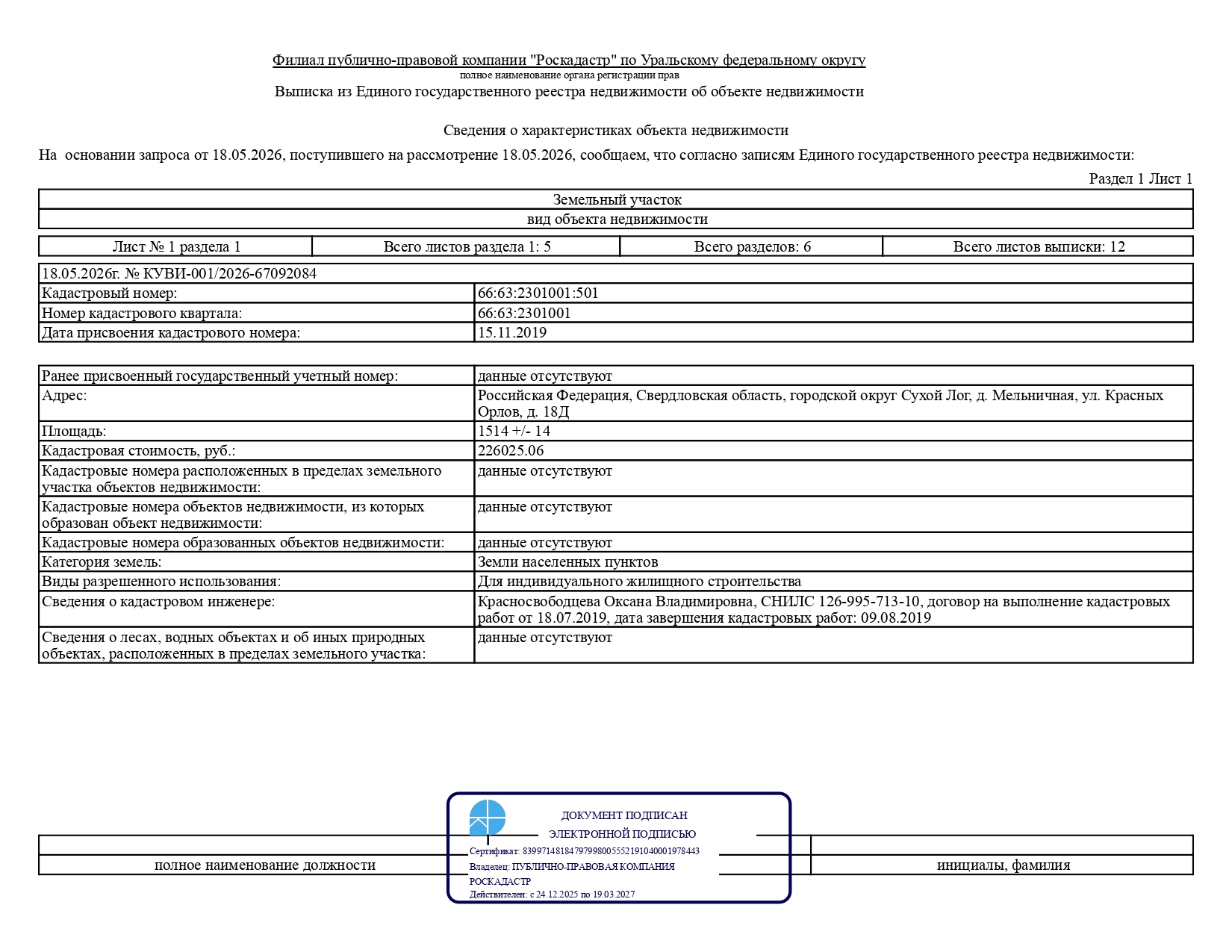 Лот № 2 – продажа земельного участка с кадастровым номером 66:63:2301001:501, расположенного по адресу: Российская Федерация, Свердловская область, городской округ Сухой Лог, д. Мельничная, ул. Красных Орлов, д. 18Д (категория земель – земли населенных пунктов), с разрешенным использованием – для индивидуального жилищного строительства, общей площадью 1514,0 кв.м, территориальная зона – Ж3 – зона застройки индивидуальными жилыми домами в сельских населенных пунктах (далее – земельный участок)