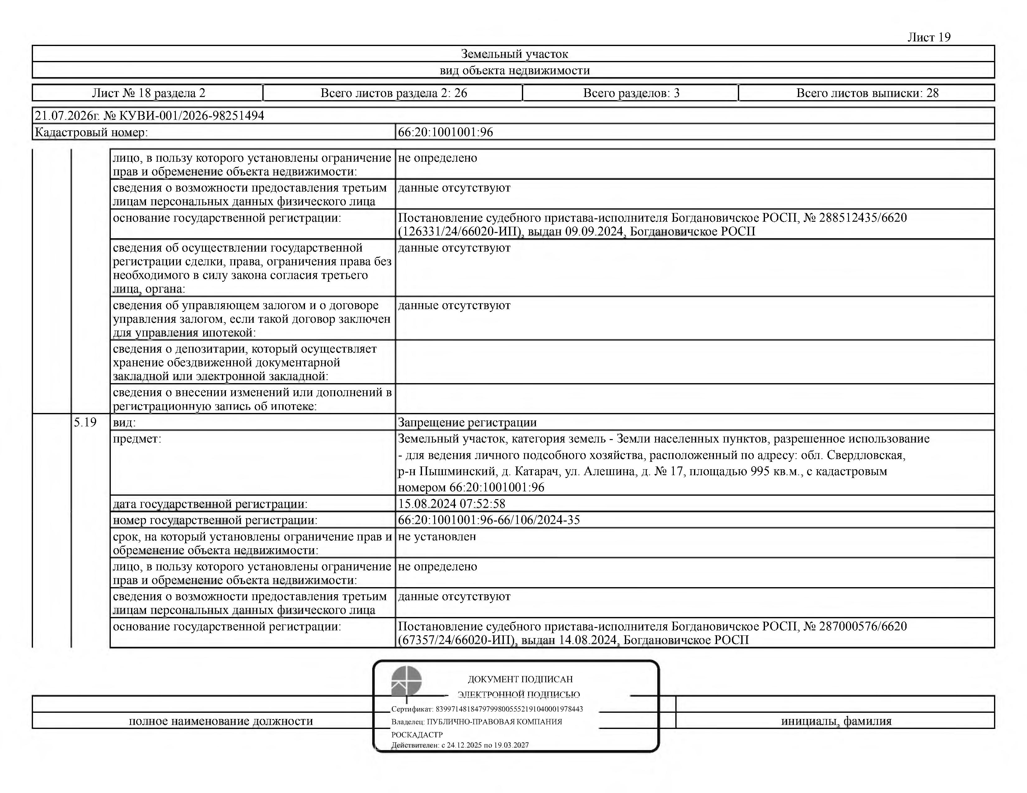 Здание (жилой дом), площадь 71,5 кв.м., кадастровый номер: 66:20:1001001:107, земельный участок, площадь 995 кв.м., кадастровый номер: 66:20:1001001:96, Пышминский р-н, д. Катарач, ул. Алешина, д. 17, рег.№ 30-1819/26